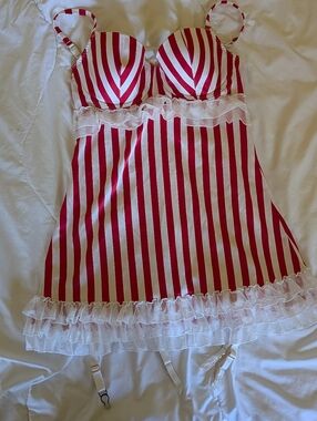 VS Candy Striper Red & White Babydoll Chemise with Ruffle Hem